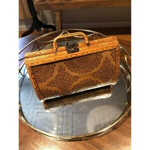 Vintage Wooden Handbag with Geometric Design